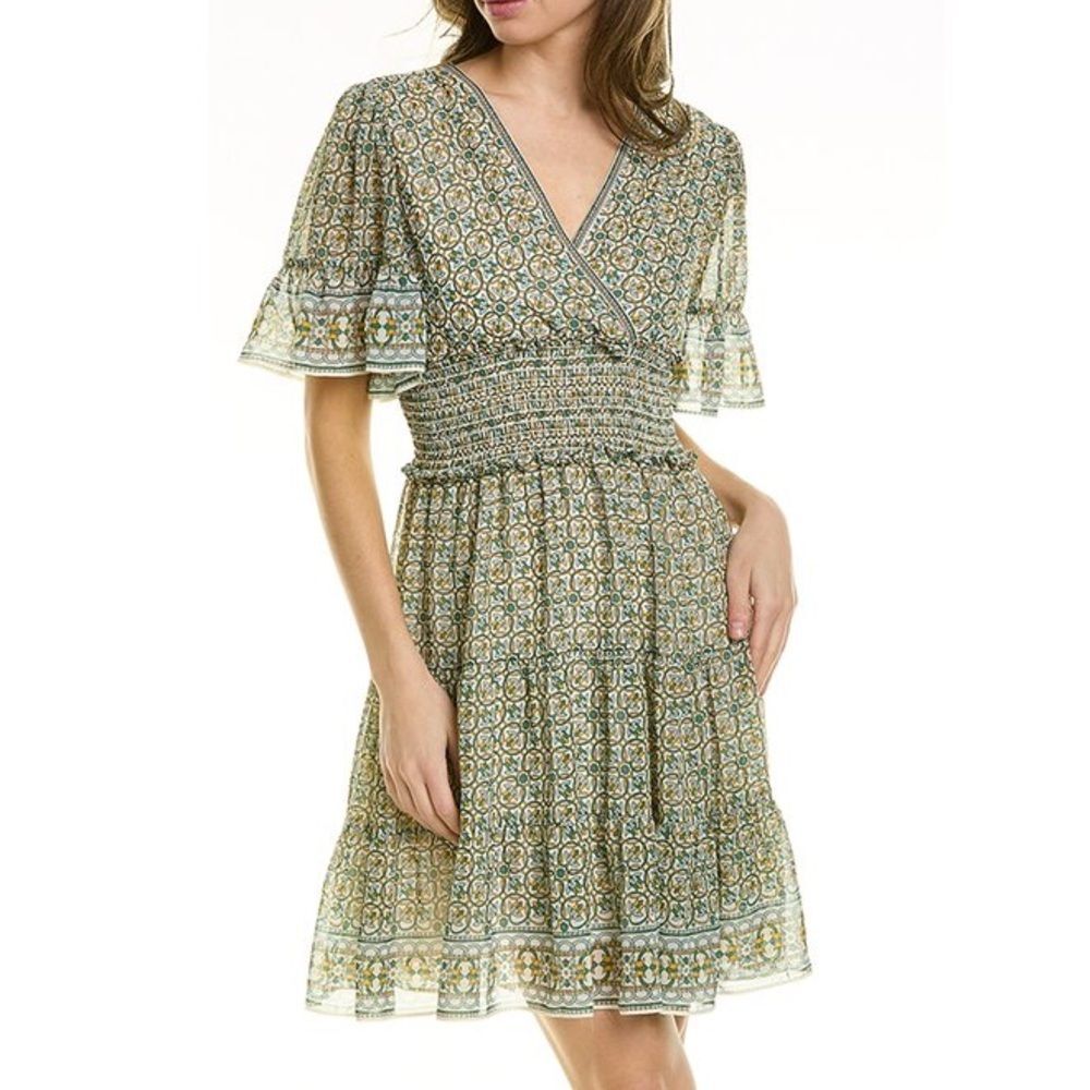 NWT Max Studio Tiered A-Line Flutter Sleeve Dress Cream Green Floral Size Medium